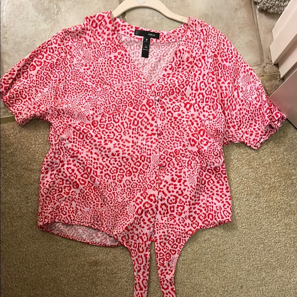 Aqua Pink and White Short Sleeve Wrap Blouse